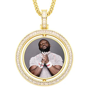 Custom Iced Out Baguette Rotating Double-sided Photo Pendant