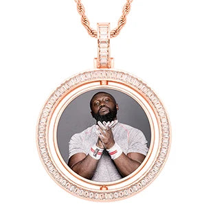 Custom Iced Out Baguette Rotating Double-sided Photo Pendant