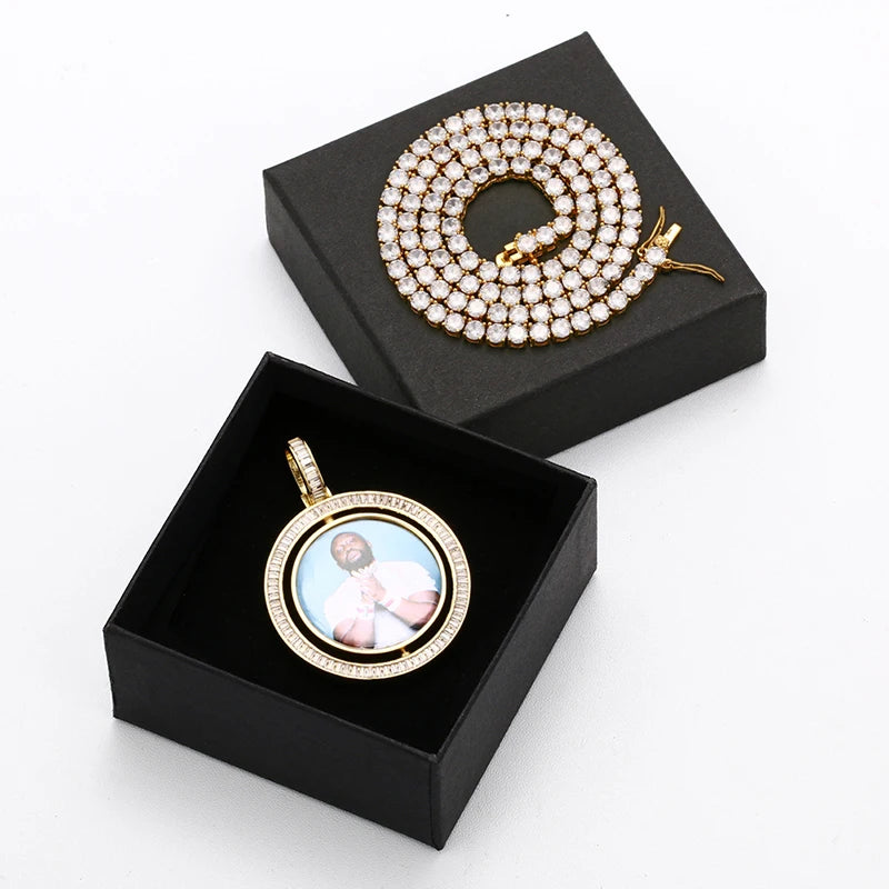 Custom Iced Out Baguette Rotating Double-sided Photo Pendant