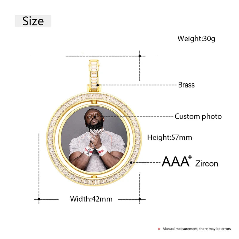 Custom Iced Out Baguette Rotating Double-sided Photo Pendant