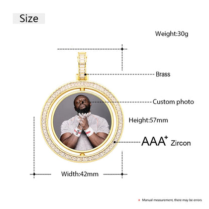 Custom Iced Out Baguette Rotating Double-sided Photo Pendant